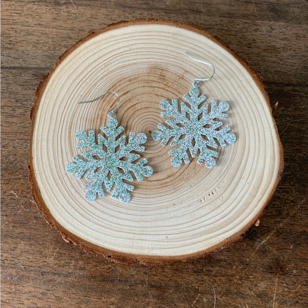 Glittery Metal Snowflake Dangle Earrings